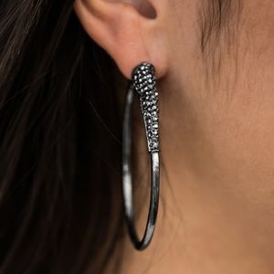 Black Rhinestone Oblong Hoop Earrings -Winter Ice